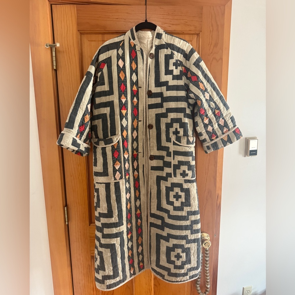 Hand-Quilted Geometric Trench Coat in Black & Cream with Multicolor Accents
